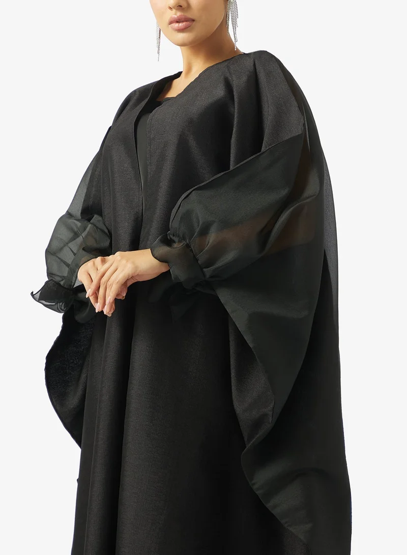 hayas closet  Black Mesh Floral Print Abaya for Women | Best Price UAE